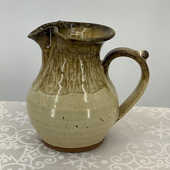 Alewine Pottery Ceramic Pitcher w/Handle 2009 Beige & Brown Glaze